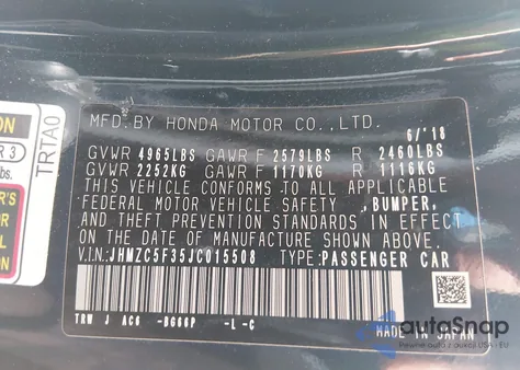 2018 Honda Clarity Plug-In Hybrid Touring z USA, uszkodzony, nr VIN JHMZC5F35JC015508